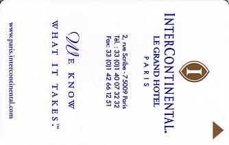 Hotel Keycard Inter-Continental Paris France Front