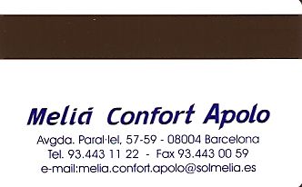 Hotel Keycard Sol Melia Barcelona Spain Back