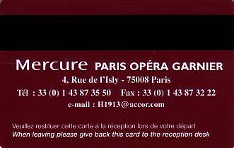Hotel Keycard Mercure Paris France Back