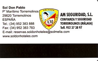 Hotel Keycard Sol Melia - Sol Inn Malaga Spain Back