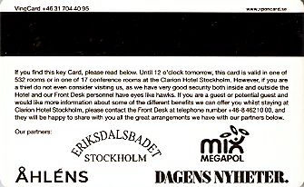 Hotel Keycard Clarion Hotel Stockholm Sweden Back
