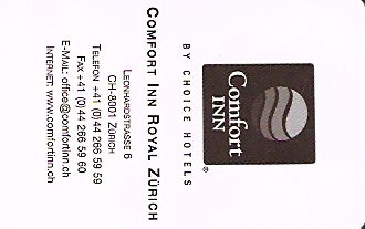 Hotel Keycard Comfort Inn & Suites Zurich Switzerland Front