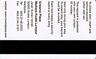 Hotel Keycard Crowne Plaza Kuala Lumpur Malaysia Back