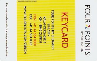 Hotel Keycard Four Points Hotels Zurich Switzerland Front