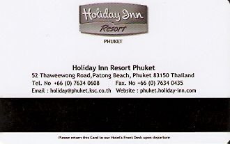 Hotel Keycard Holiday Inn Phuket Thailand Back