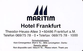 Hotel Keycard Maritim Frankfurt Germany Front