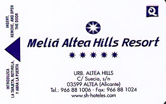 Hotel Keycard Sol Melia Alicante Spain Front