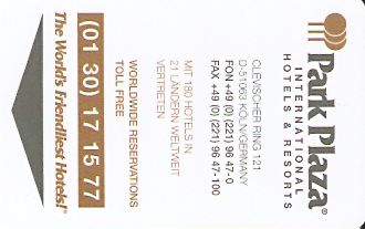 Hotel Keycard Park plaza Cologne Germany Front