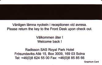 Hotel Keycard Radisson Stockholm Sweden Back