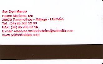 Hotel Keycard Sol Melia - Sol Inn Malaga Spain Back